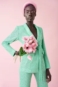 traje de fiesta de lentejuelas verde de blazer y pantalon palazzo