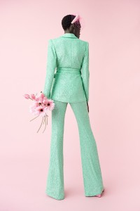 traje de fiesta de lentejuelas verde de blazer y pantalon palazzo