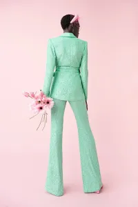 traje de fiesta de lentejuelas verde de blazer y pantalon palazzo