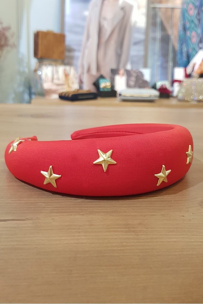 Diadema roja ancha con estrellas doradas