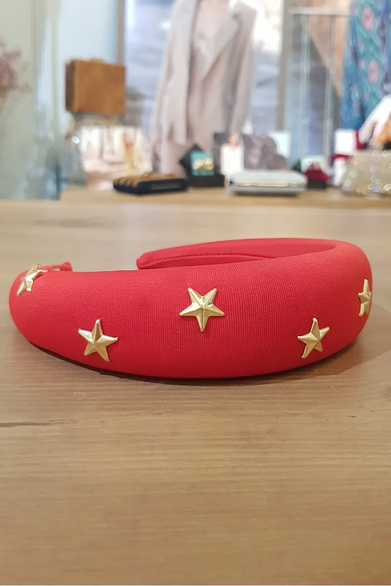 Diadema roja ancha con estrellas doradas