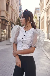 Blusa de fiesta con mangas abullonadas de plumetti