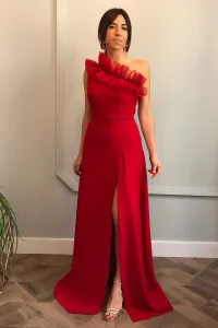 Vestido de fiesta largo rojo asimetrico para boda noche