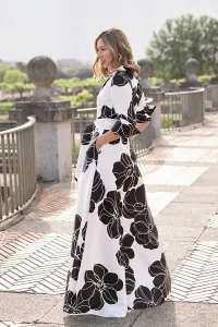 Vestido camisero largo con cuello esmoquin en mikado flores blanco