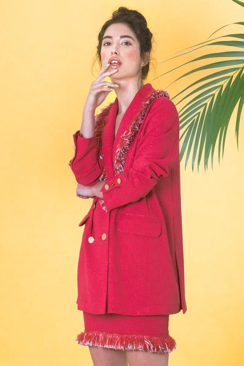 traje rafia chaqueta falda color fresa con flecos