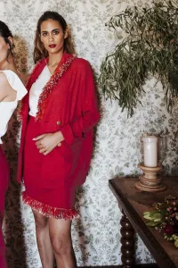 traje rafia chaqueta falda color fresa con flecos