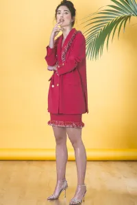 traje rafia chaqueta falda color fresa con flecos