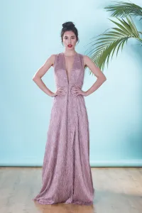 Vestido de fiesta largo con abertura en rosa empolvado