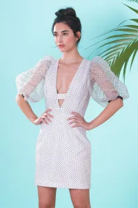 Vestido corto de fiesta en plumetti blanco y negro de manga farol