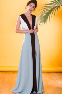 Vestido largo de invitada boda colour block con escote espalda y