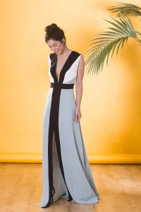 Vestido largo de invitada boda colour block con escote espalda y