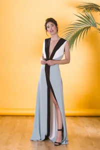 Vestido largo de invitada boda colour block con escote espalda y