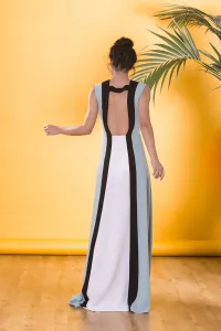 Vestido largo de invitada boda colour block con escote espalda y