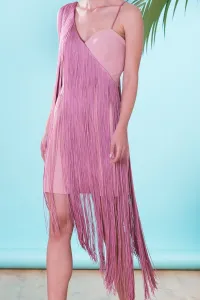 Vestido corto de fiesta rosa asimetrico con flecos largos