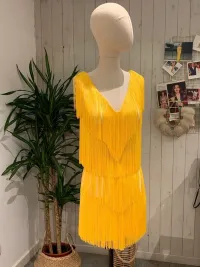 vestido corto de fiesta con flecos verde agua bicolor