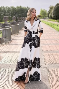 Vestido camisero largo con cuello esmoquin en mikado flores blanco