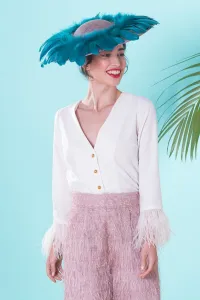 Blusa de fiesta blanca con escote en pico manga larga y plumas en