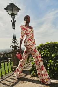 Pantalón Palazzo lino beige bordado flores para invitada boda