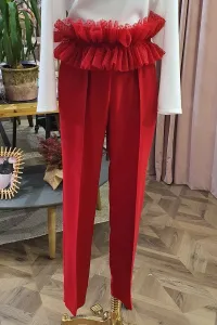 Pantalon pitillo verde agua con volante de plumetti para invitadas