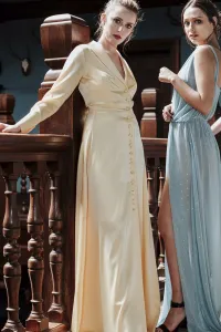 Vestido camisero largo con cuello esmoquin en saten amarillo para