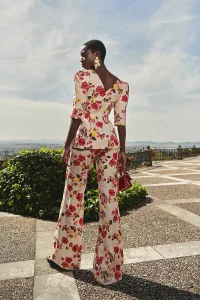 Pantalón Palazzo lino beige bordado flores para invitada boda