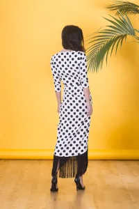 Vestido de lunares blanco y negro con flecos largo midi