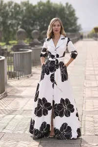 Vestido camisero largo con cuello esmoquin en mikado flores blanco