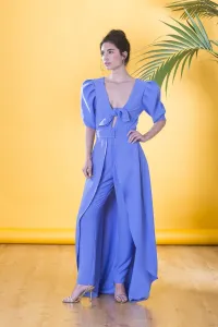 mono largo pitillo azul con sobrefalda escote en pico con lazo