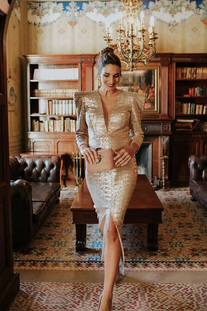 vestido midi dorado lentejuelas miss cavallier for apparentia