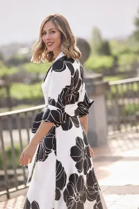 Vestido camisero largo con cuello esmoquin en mikado flores blanco