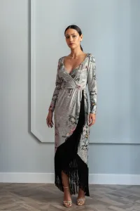 vestido midi estampado con manga larga y flecos