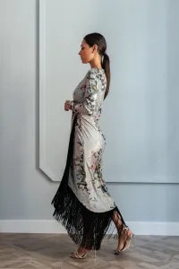 vestido midi estampado con manga larga y flecos