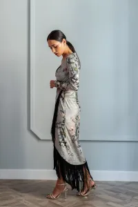 vestido midi estampado con manga larga y flecos