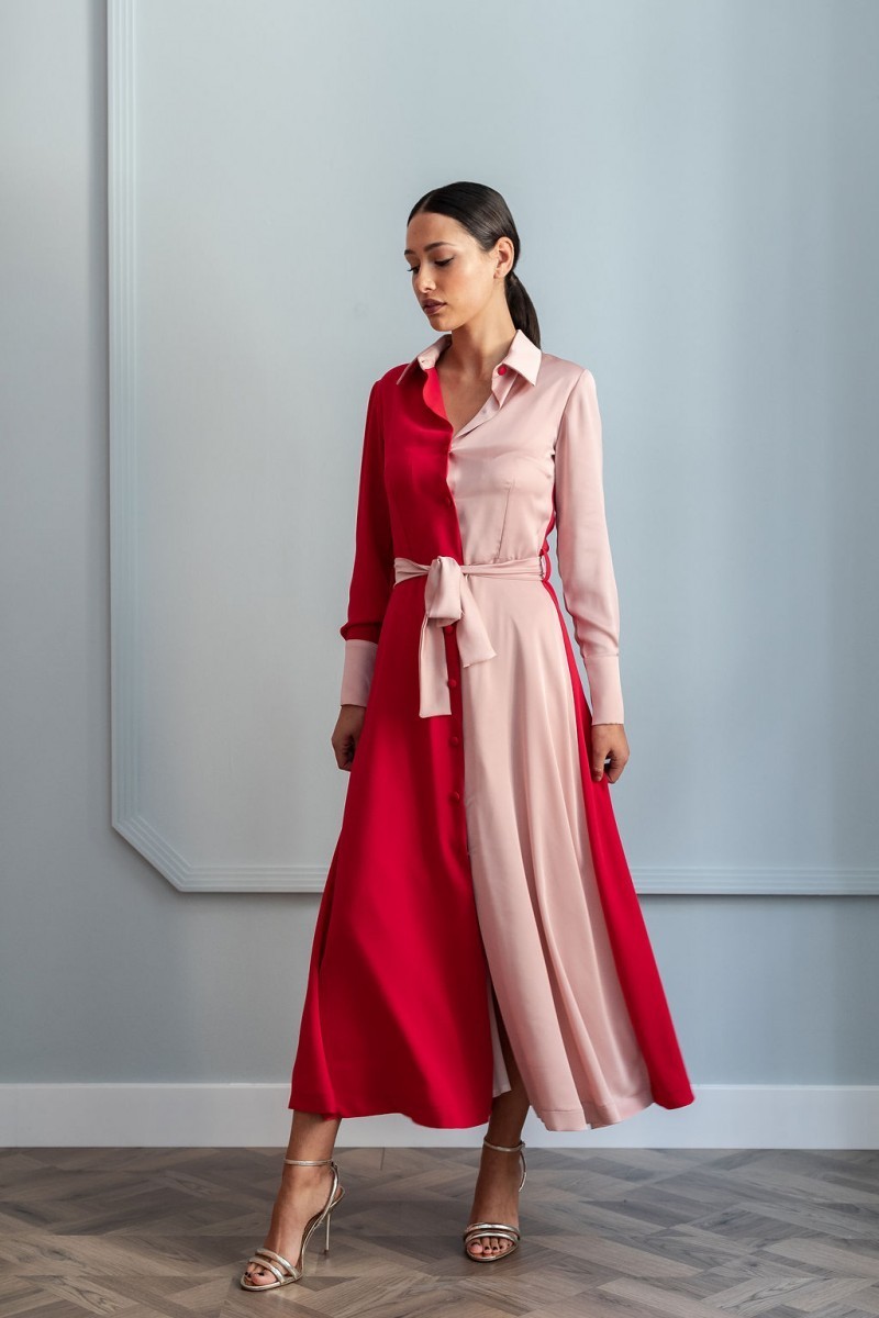 vestido midi de corte camisero rojo y rosa