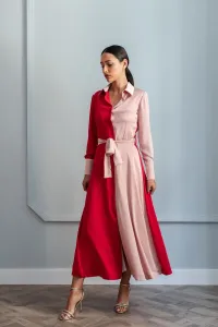 vestido midi de corte camisero rojo y rosa