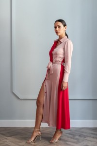 vestido midi de corte camisero rojo y rosa