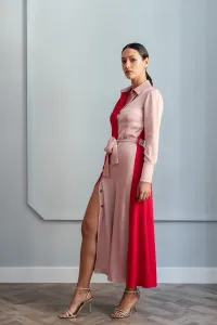 vestido midi de corte camisero rojo y rosa