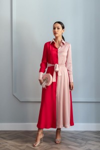vestido midi de corte camisero rojo y rosa