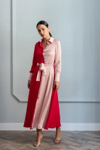 vestido midi de corte camisero rojo y rosa