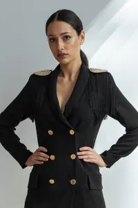 vestido corto negro tipo esmoquin con flecos