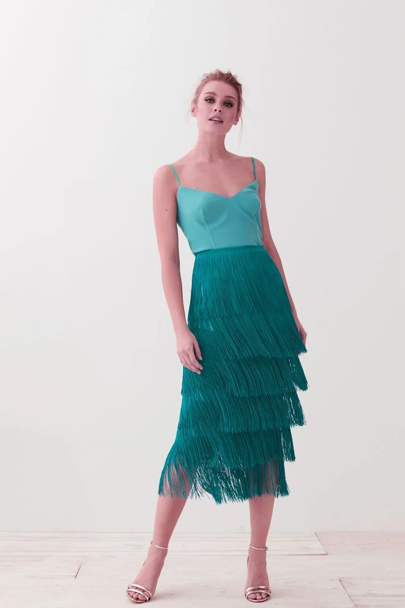 falda de flecos verde pavo para invitadas boda fiesta coctel online