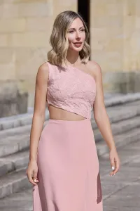 vestido largo de tul rosa bordado con falda larga de vuelo para