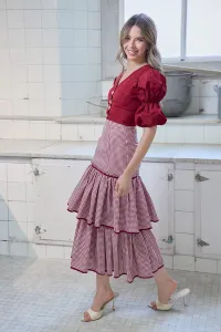 Falda midi cuadro vichy volantes blanco y burdeos