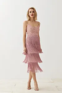 Vestido lencero rosa brocado flecos Clea