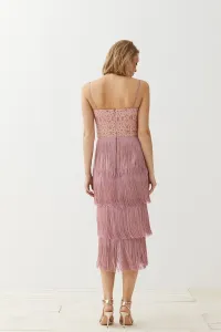 Vestido lencero rosa brocado flecos Clea