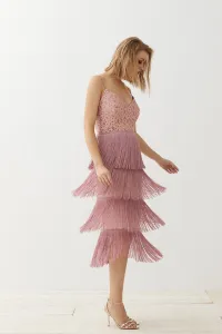Vestido lencero rosa brocado flecos Clea