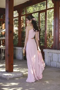 vestido largo rosa palo con abertura