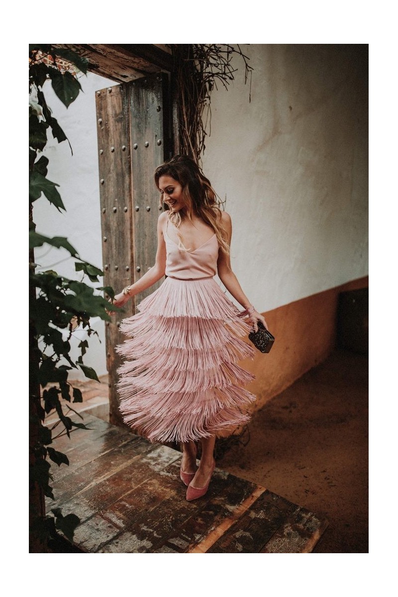 falda de flecos rosa palo elina