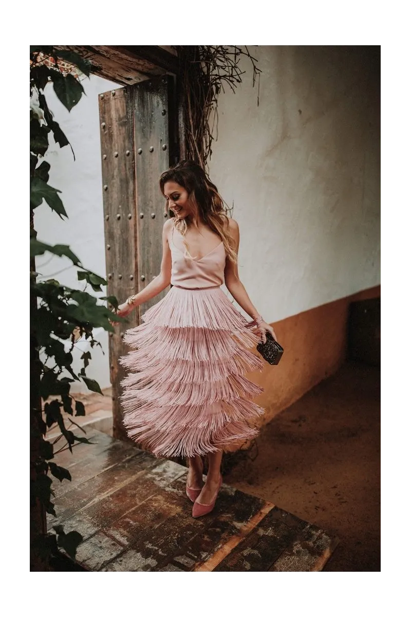 falda de flecos rosa palo elina