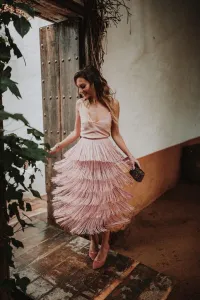 falda de flecos rosa palo elina